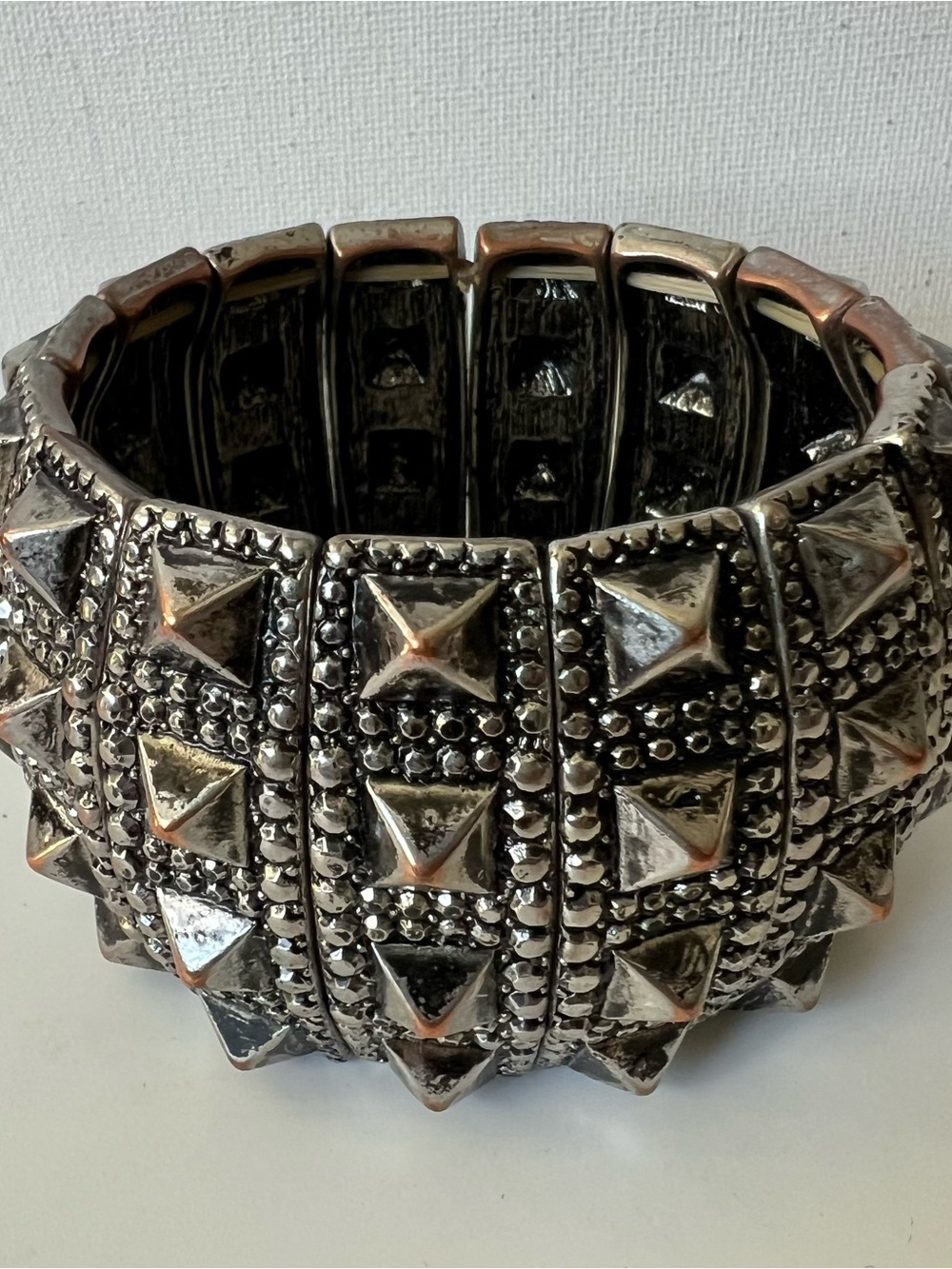 Wide Pyramid Stud Stretch Bracelet | Antiqued Silver Rocker Punk Spike Cuff